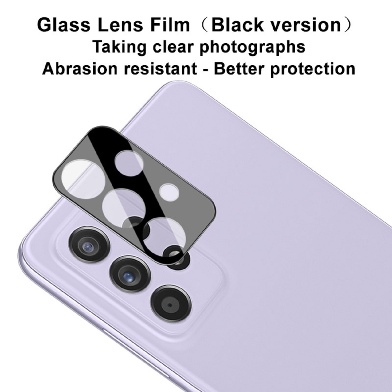 Ein lila Telefon mit einem schwarzen Linsenschutz. Text sagt 'Glass Lens Film'.