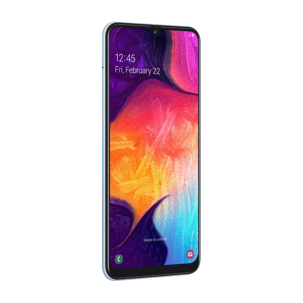 Blaues Telefon mit farbenfrohem Display, schräge Ansicht.