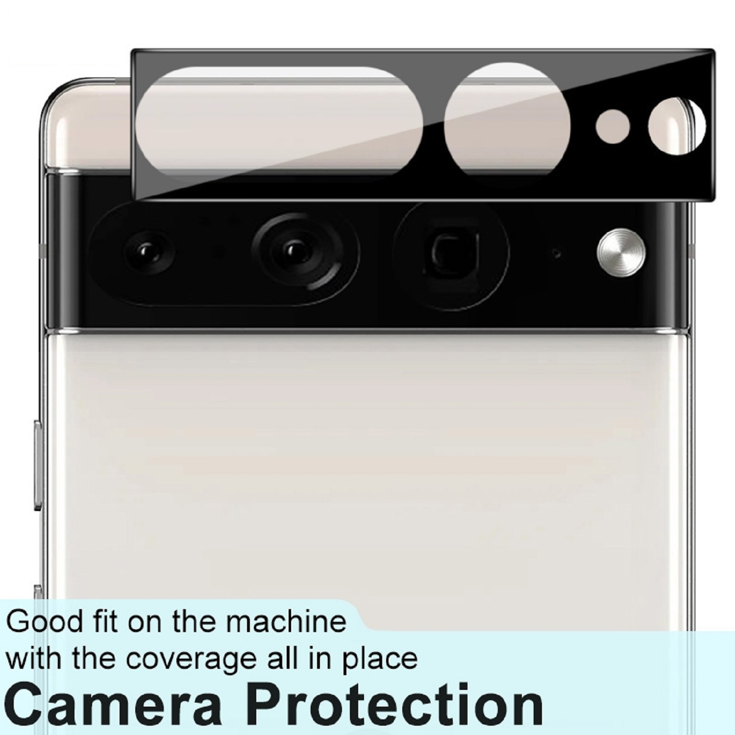 Handy-Kamera-Linsenschutz installiert auf einem Handy, mit weißem Hintergrund und Text.