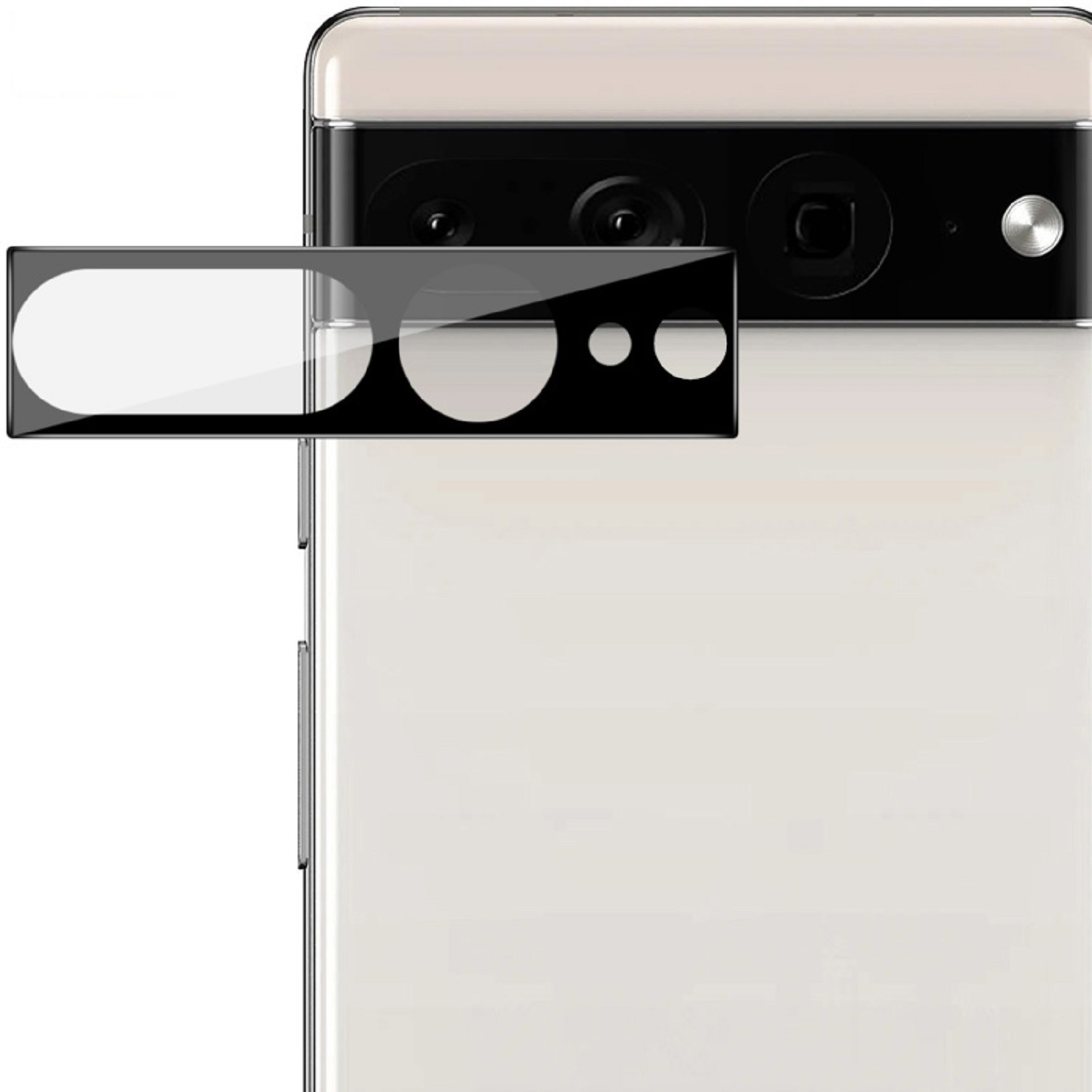 Ein Telefon mit angebrachtem Kameraschutz, mit schwarzer Linse und weißem Telefon.