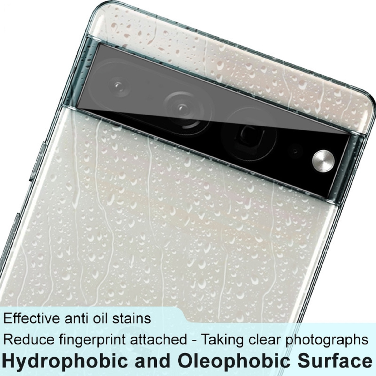 Transparente Handyhülle mit Wassertropfen und Text.