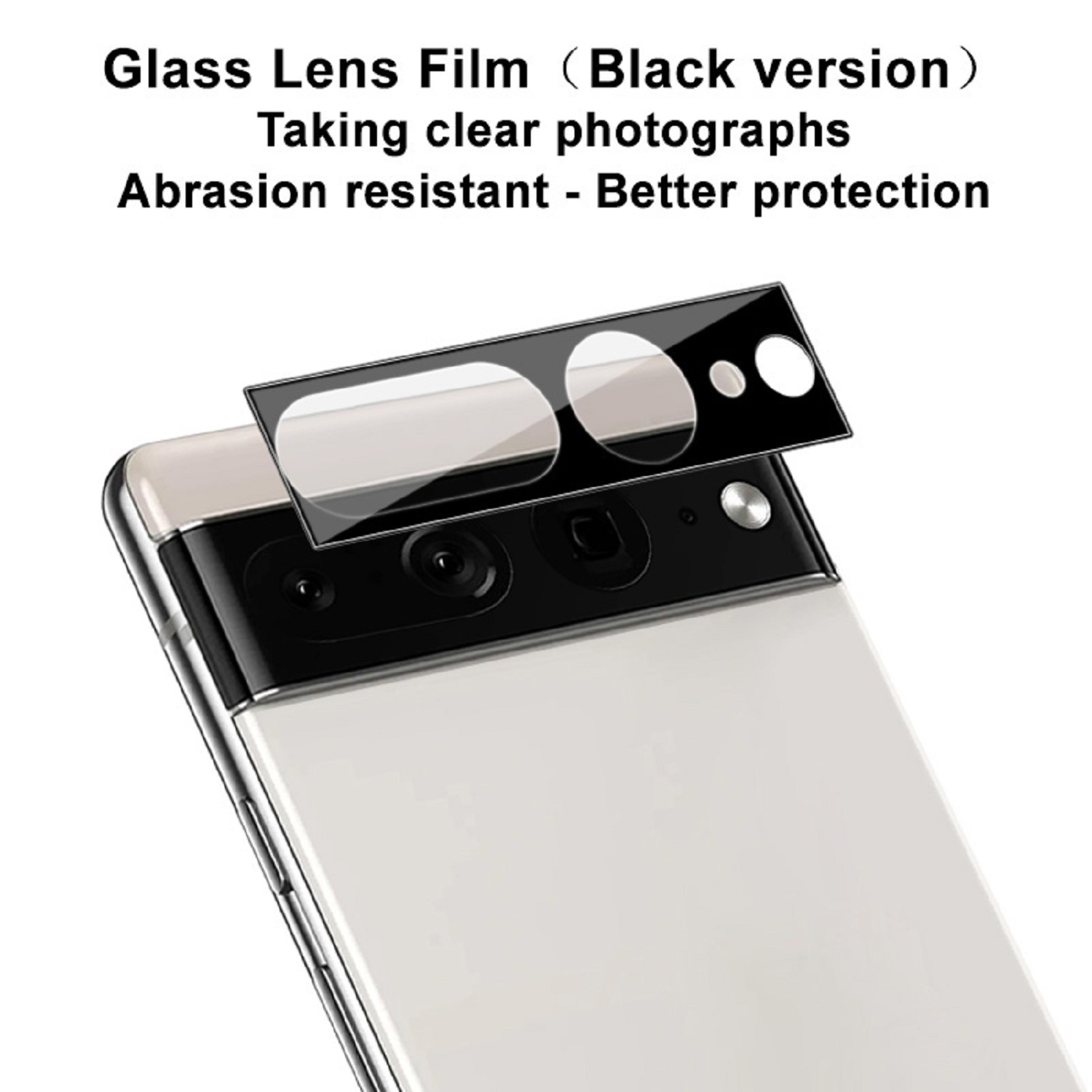 Schwarze Glaslinsenfolie auf einem Telefon mit Text: klare Fotos, abriebfest.