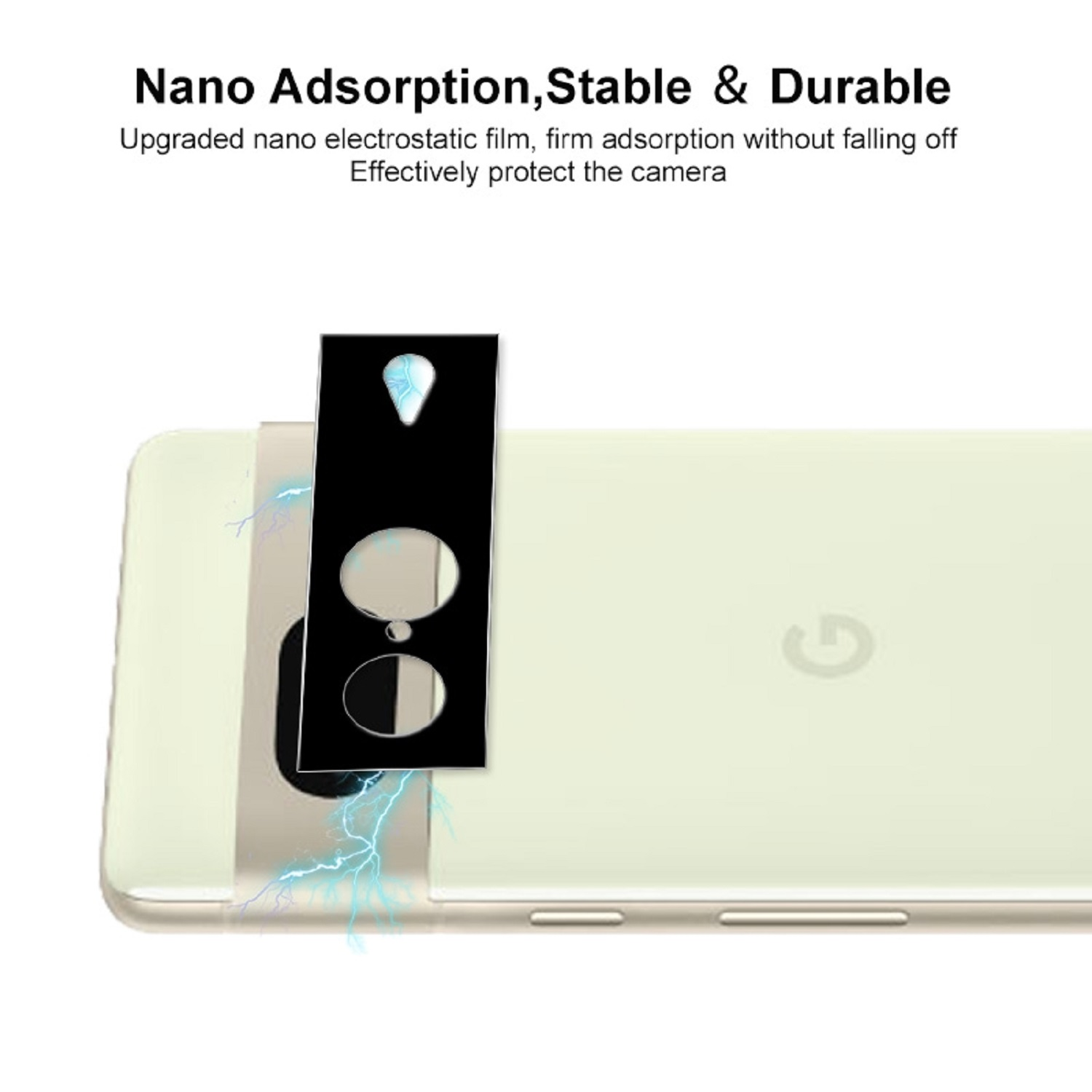 Ein Telefon mit angebrachtem Kameraschutz. Text: Nano-Adsorption, stabil & langlebig. Der Schutz bedeckt die Kamera.
