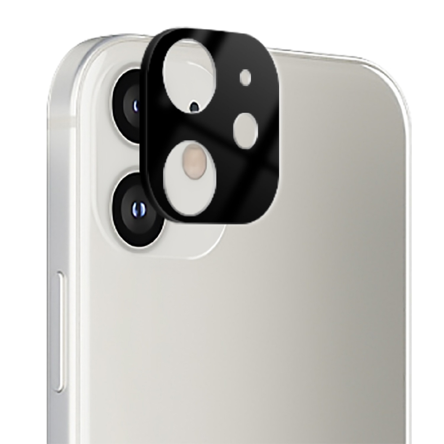 Ein schwarzer Kameraschutz auf der Rückseite eines weißen iPhones, der die Linsenabdeckungen zeigt.