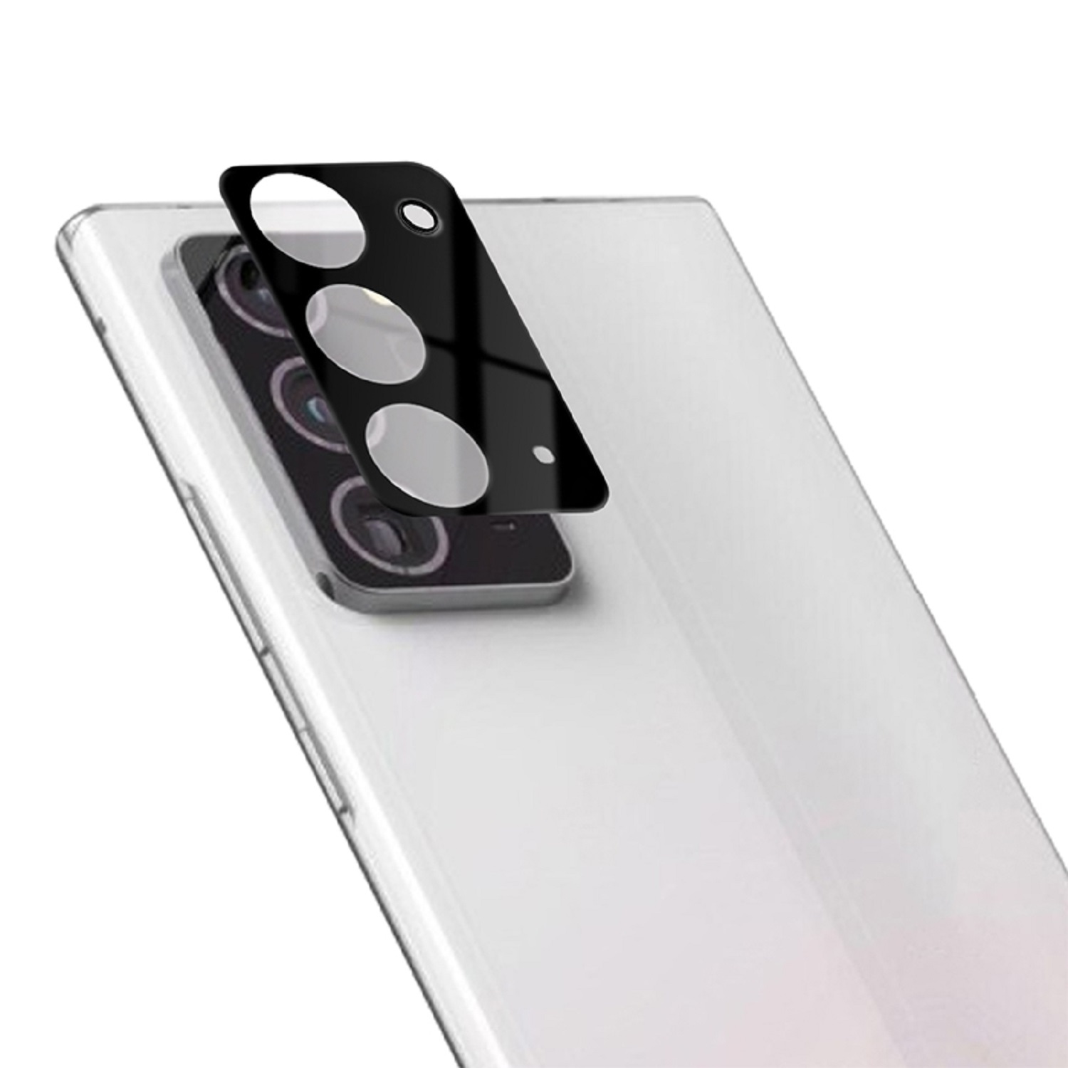 Schwarzer Kameraschutz auf einem weißen Telefon mit Kameralinsen.