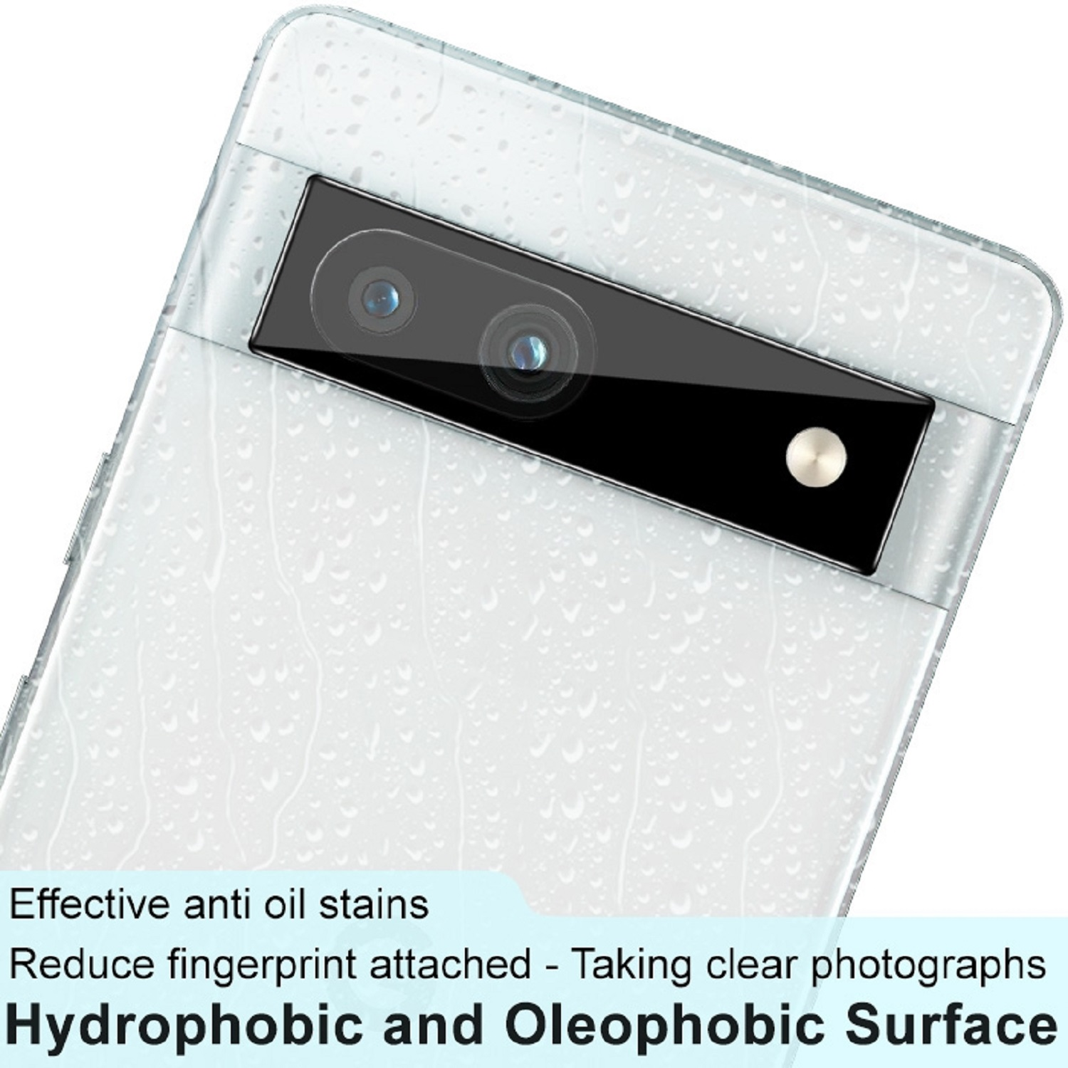 Klare Displayschutzfolie auf weißem Telefon. Text: Hydrophobe und oleophobe Oberfläche. Nahaufnahme.