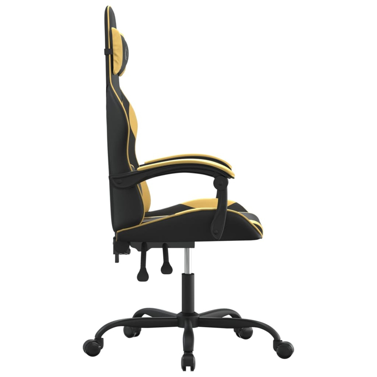 Seitenansicht eines schwarz-gelben Gaming-Stuhls mit Kopfstütze und Armlehnen auf weißem Grund.