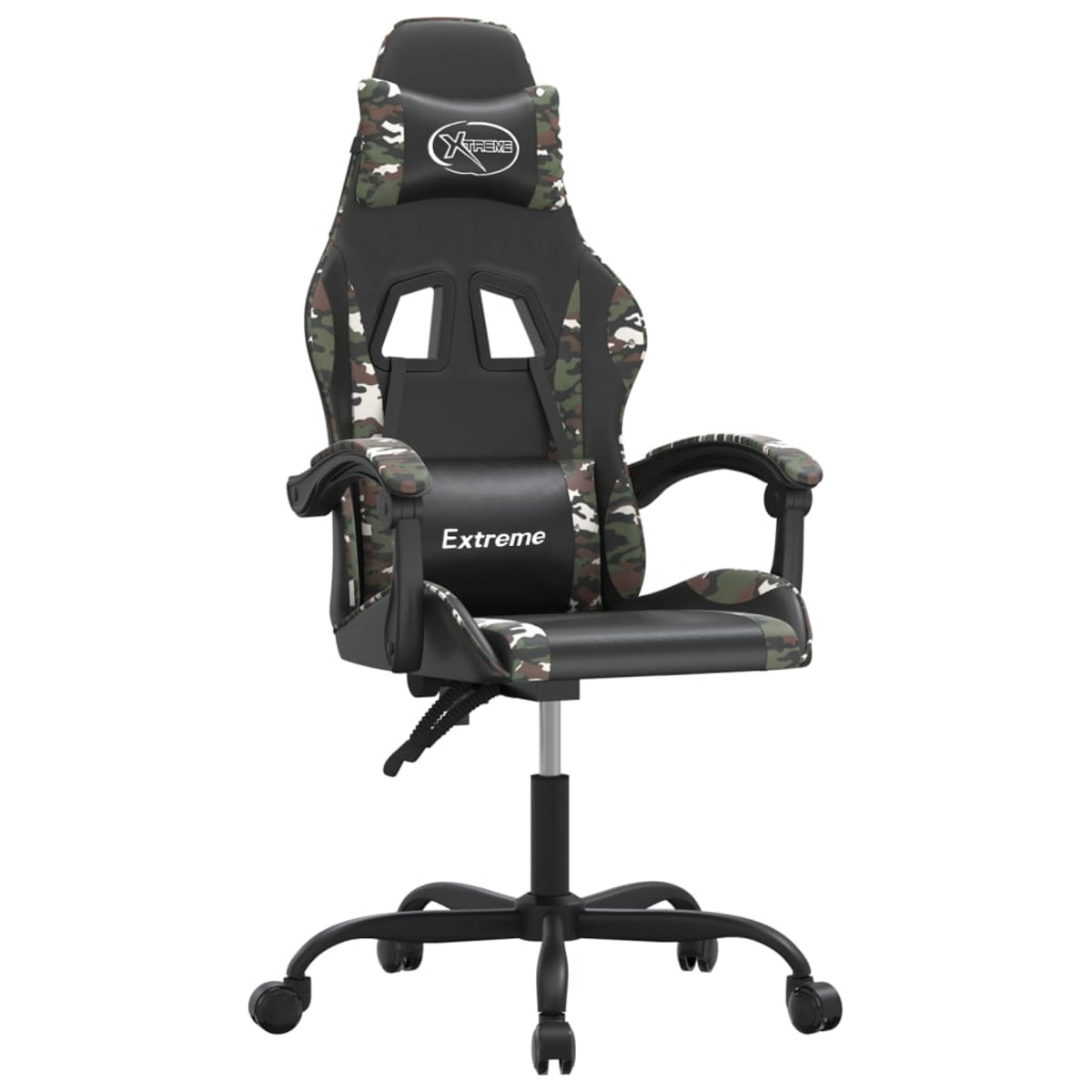 Ein Gaming-Stuhl mit schwarzen, grünen und Tarnmustern. Er hat eine Kopfstütze und Armlehnen.