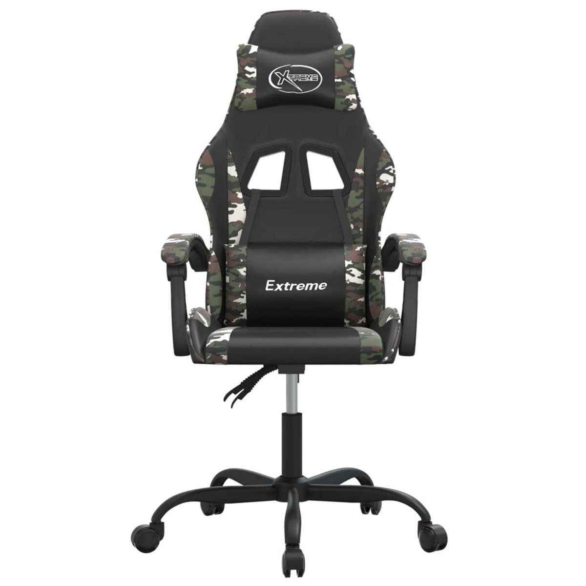 Gaming-Stuhl mit Tarnmuster. Schwarze Basis, Kopfstütze und Armlehnen.