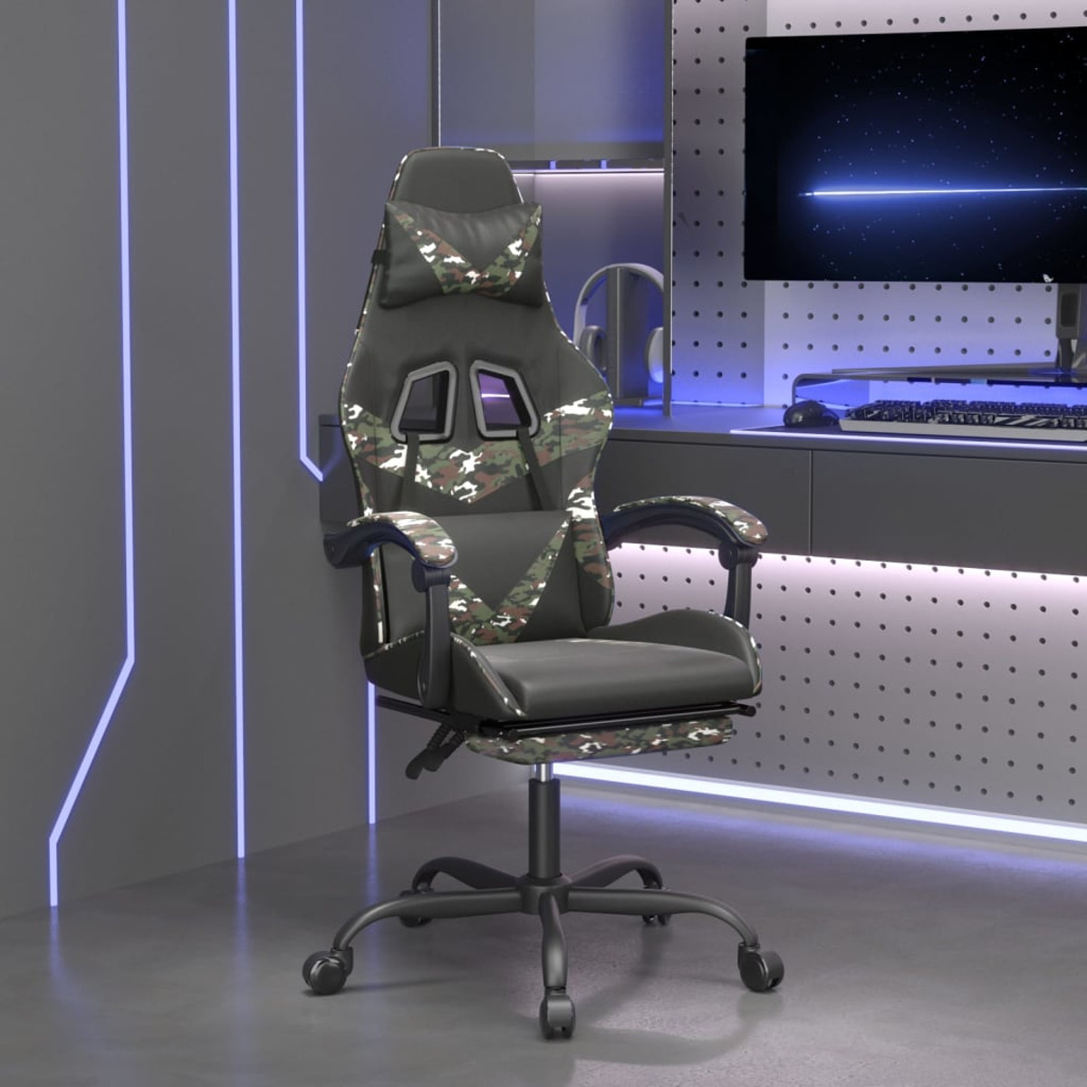 Ein Gaming-Stuhl mit Tarnmuster. Er ist schwarz mit grünen Akzenten.