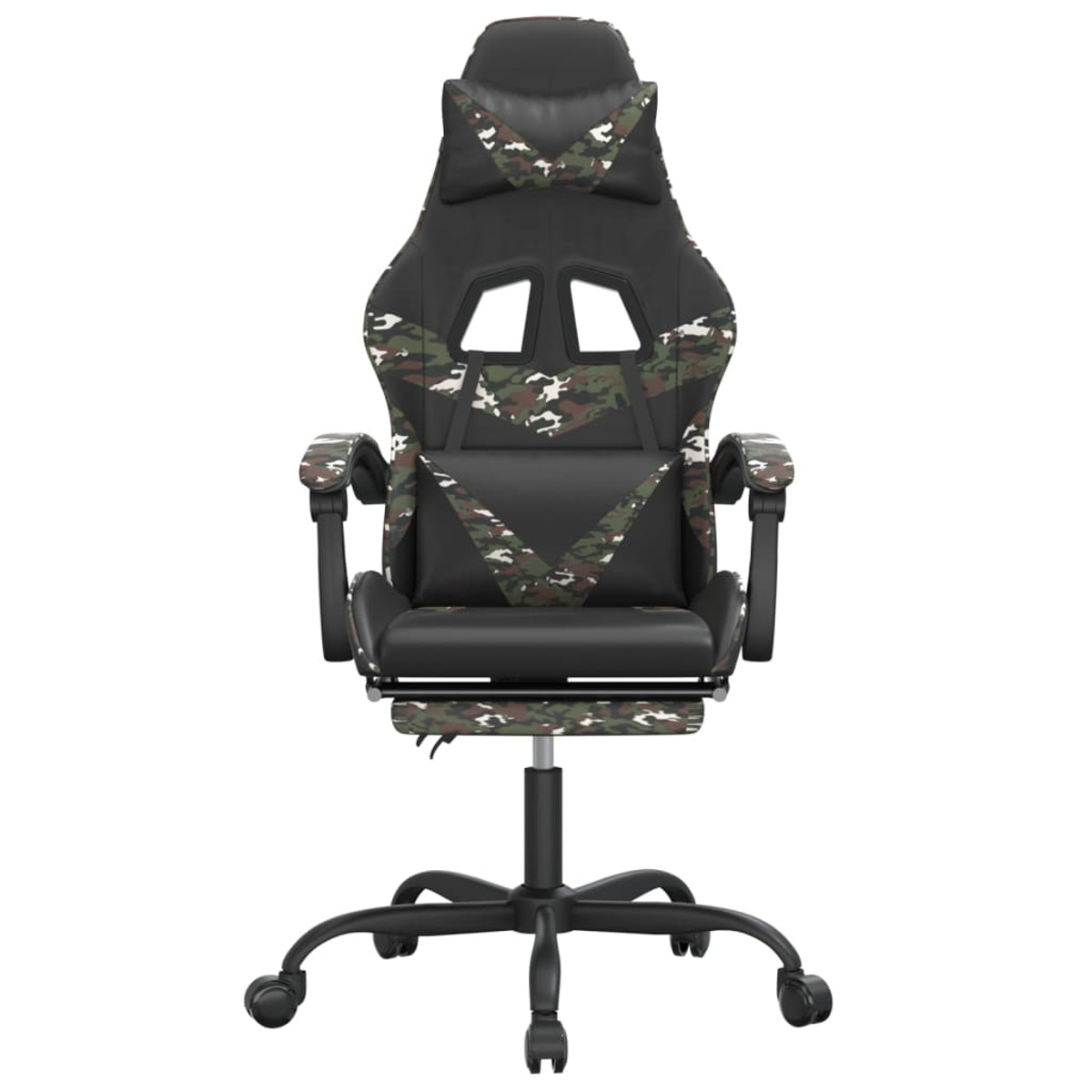 Schwarzer Gaming-Stuhl mit Camouflage-Muster. Er hat eine Kopfstütze, Armlehnen und ein Fünf-Rollen-Gestell.