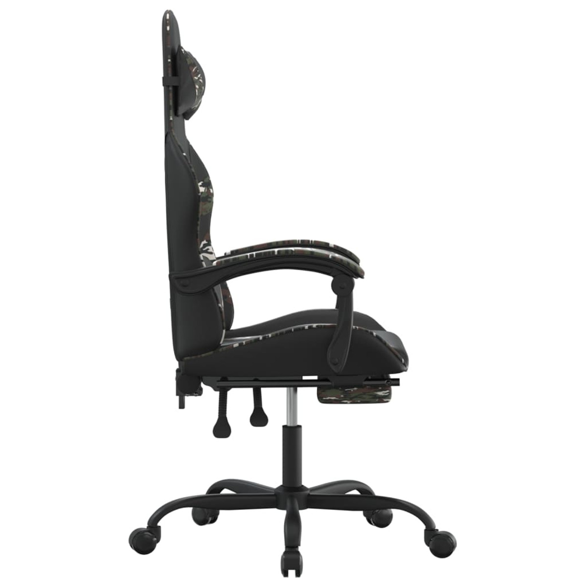 Ein Gaming-Stuhl mit Camouflage-Muster auf Sitz und Rückenlehne.
