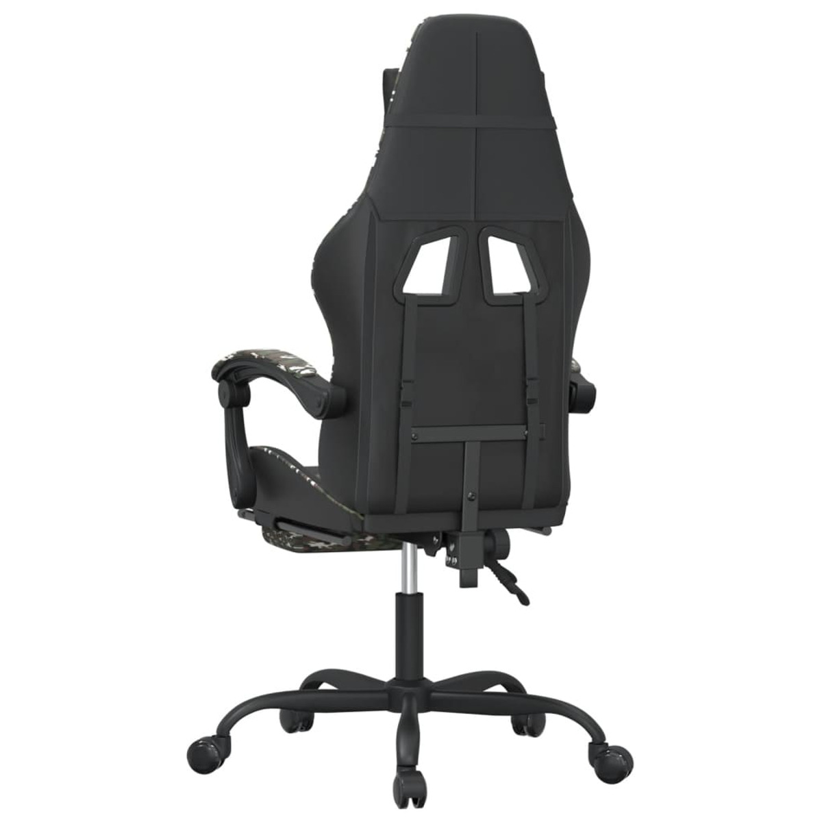 Gaming-Stuhl, Rückansicht. Schwarz mit Tarnmuster auf Rücken und Basis.
