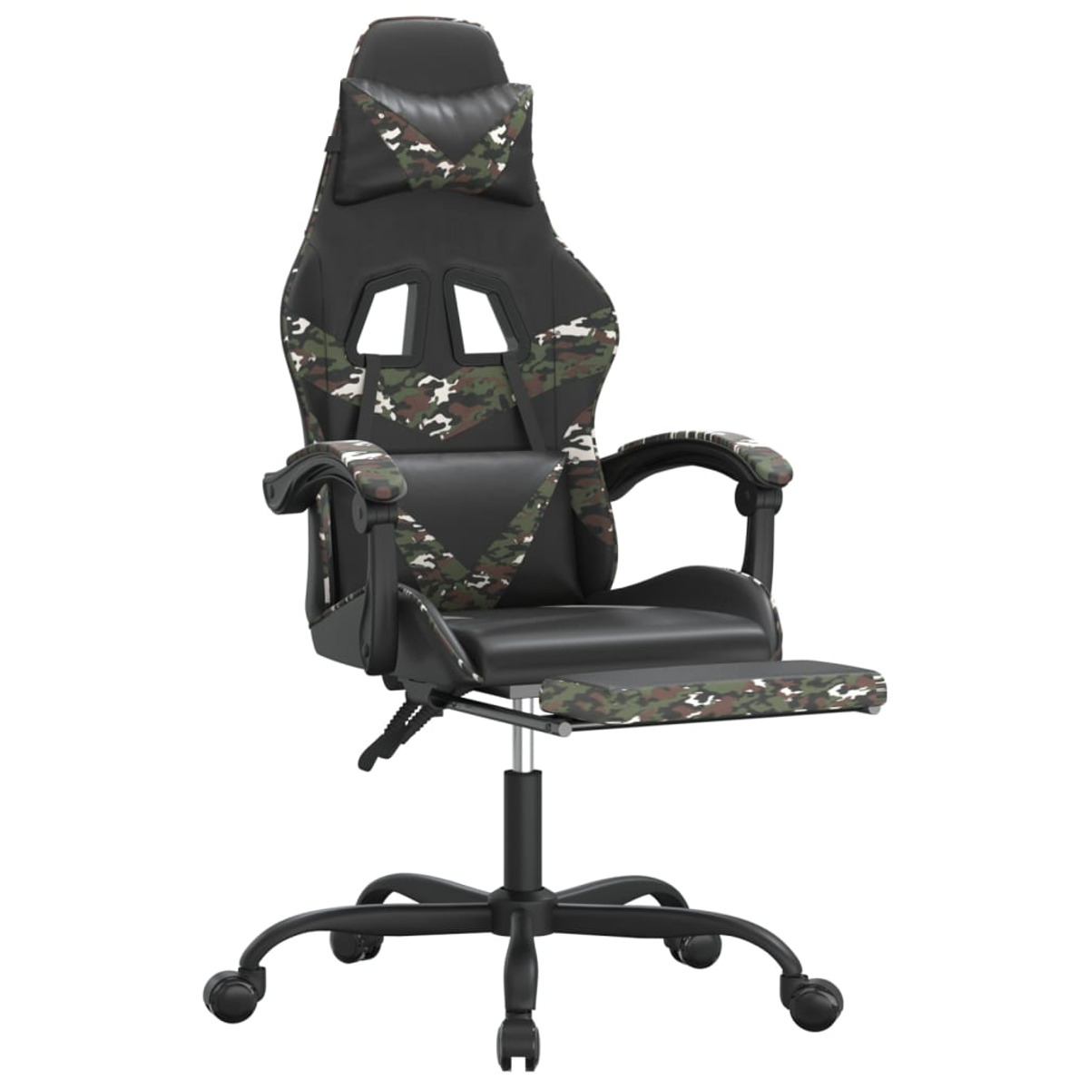 Gaming-Stuhl mit Tarnmuster, schwarzer Basis, Kopfstütze, Armlehnen und Beinauflage.