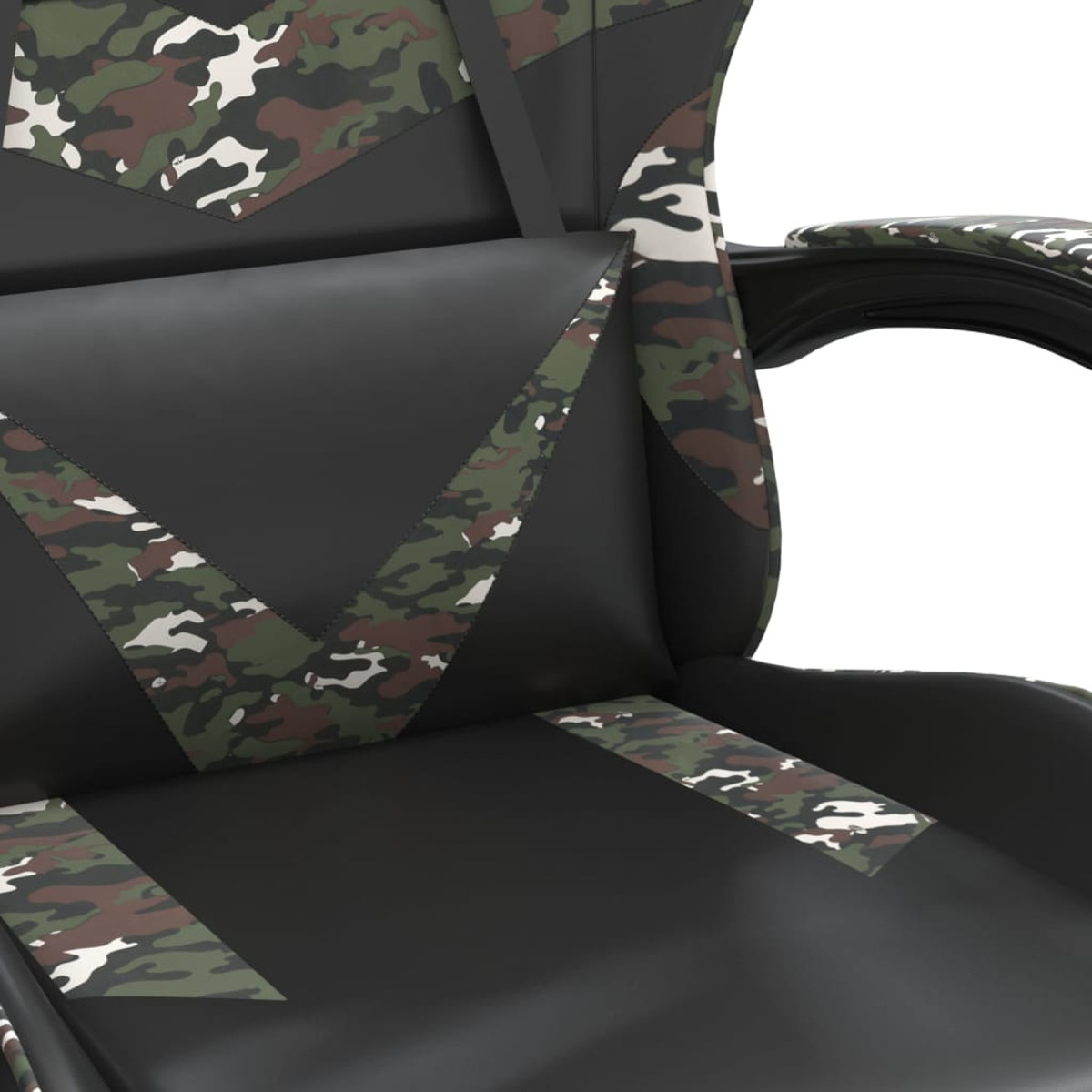 Gaming-Stuhl mit schwarzem und Camouflage-Muster, Nahaufnahme.