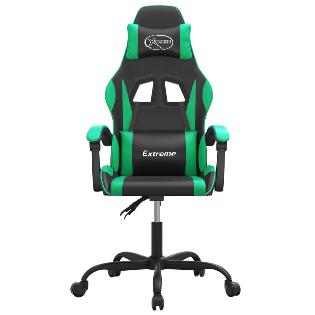 Grüner und schwarzer Gaming-Stuhl. Verfügt über Kopfstütze, Rückenlehne, Armlehnen und eine Fünf-Sterne-Basis mit Rädern.