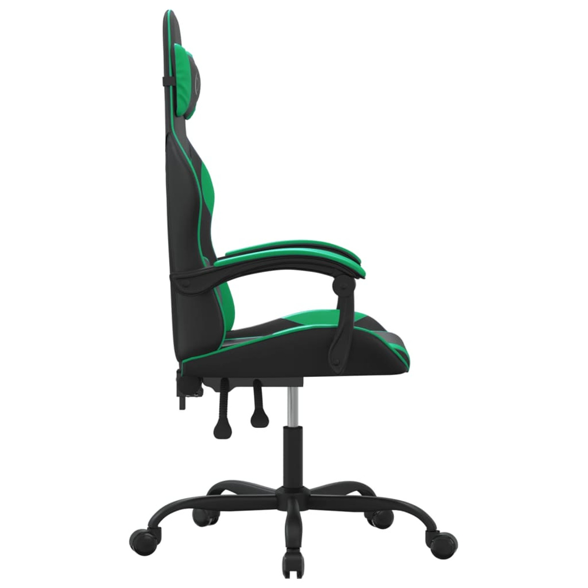 Grüner und schwarzer Gaming-Stuhl im Profil. Schwarzes Gestell und Räder. Weißer Hintergrund.