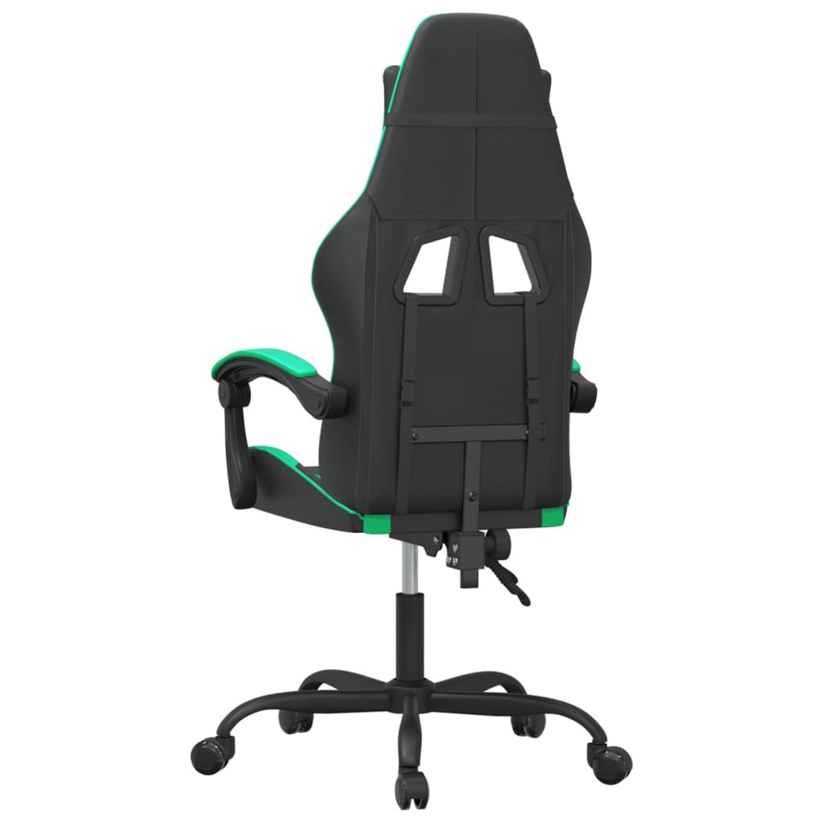 Gaming-Stuhl, schwarz mit grünen Akzenten, von hinten gesehen. Weißer Hintergrund.
