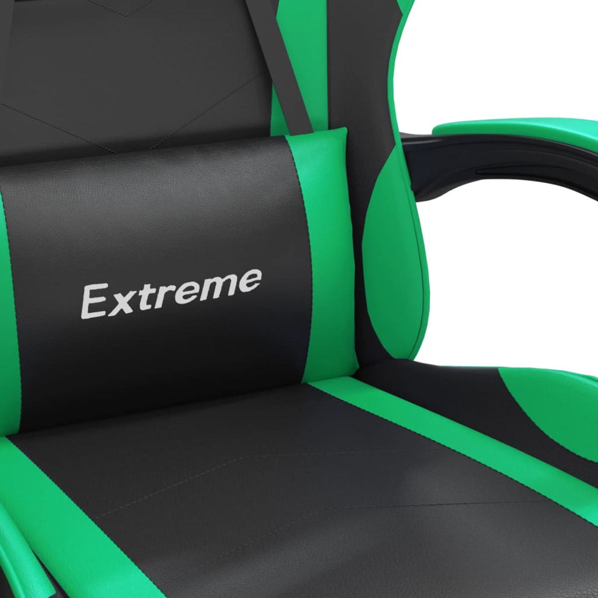 Grüner und schwarzer Gaming-Stuhl mit „Extreme“-Text auf der Kopfstütze, schwarze Armlehnen.