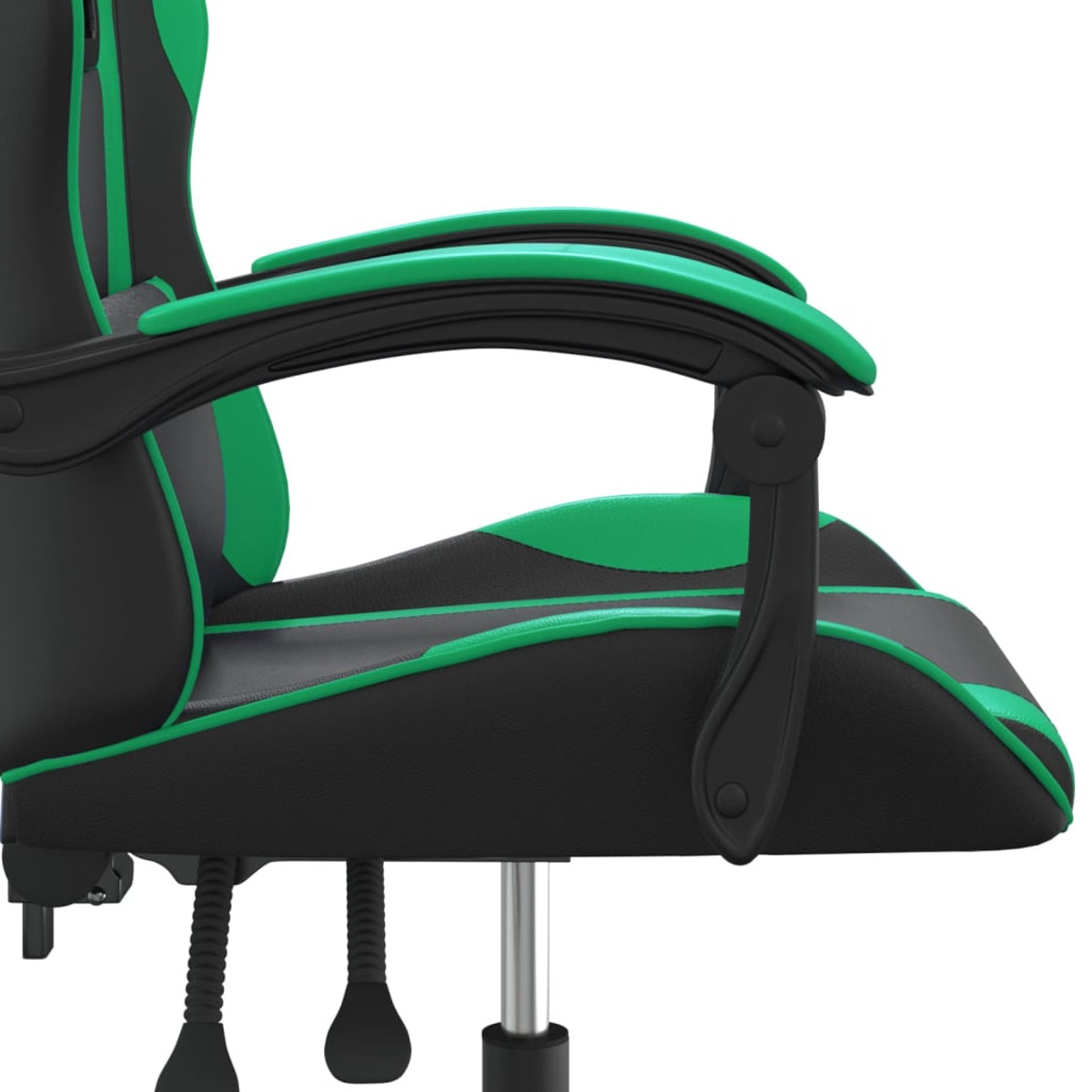 Detail der Gaming-Stuhllehne. Schwarz und Grün auf weißem Hintergrund.