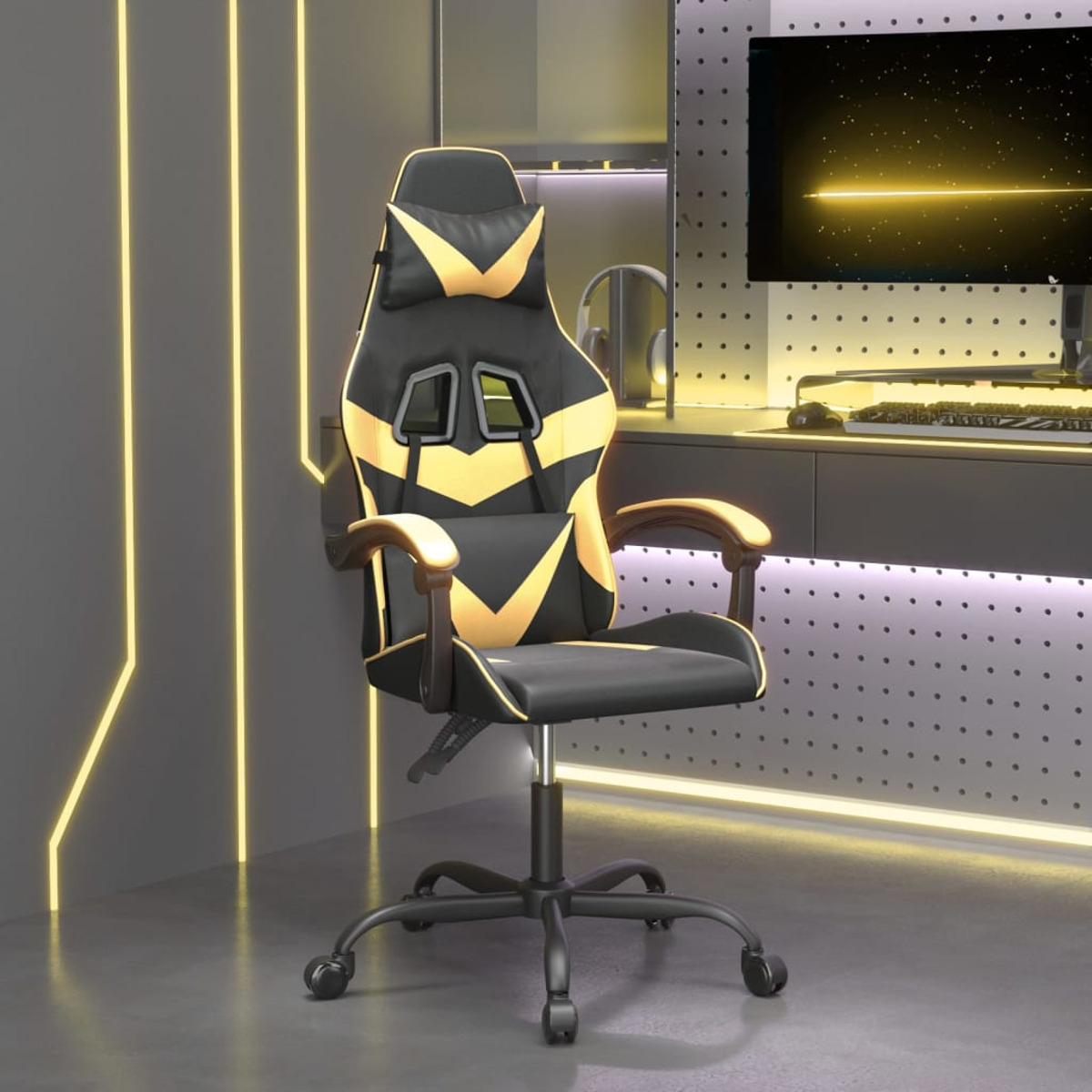 Gaming-Stuhl in einem Raum. Schwarze und gelbe Farben. Weißer Hintergrund.