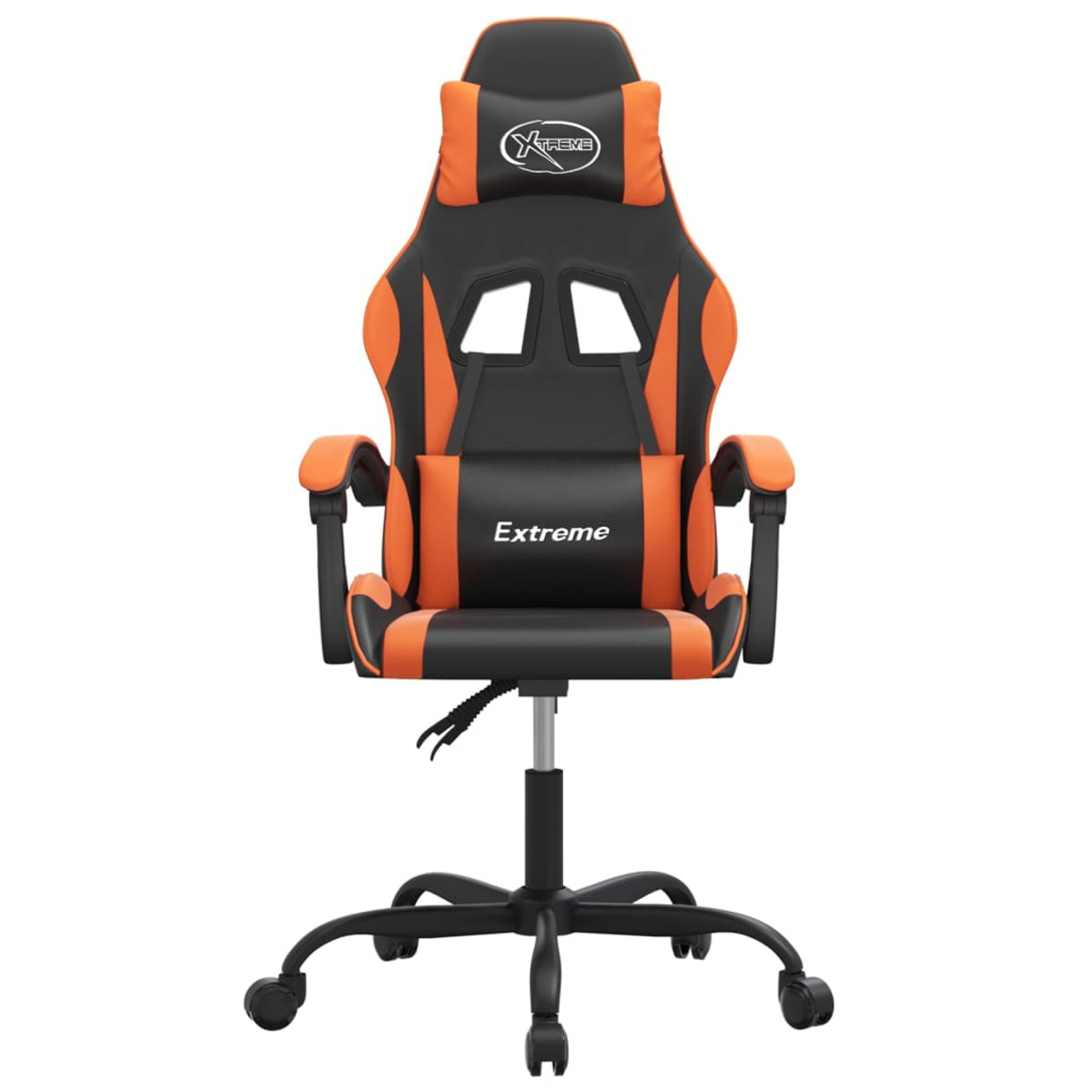 Schwarzer und orangefarbener Gaming-Stuhl mit Kopfstütze, Armlehnen und rollbarem Untergestell; weißer Hintergrund.