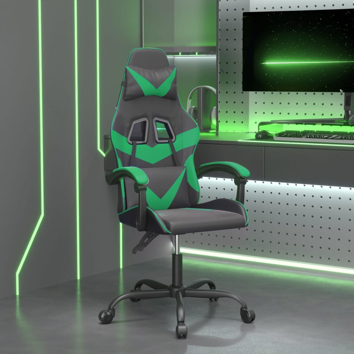 Gaming-Stuhl, schwarz-grünes Design, vor einer neonbeleuchteten Wand.
