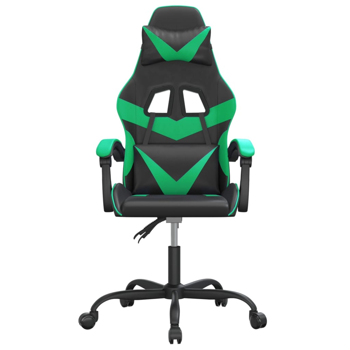 Gaming-Stuhl, schwarz und grün, mit grünen Akzenten und Kopfstütze.