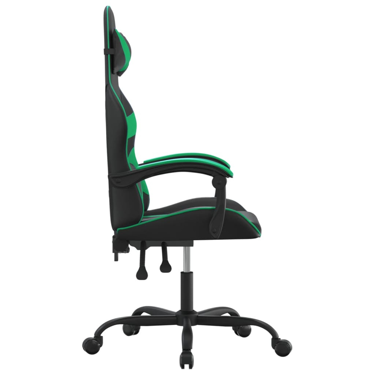 Ein Gaming-Stuhl von der Seite, schwarz und grün mit grüner Verzierung.
