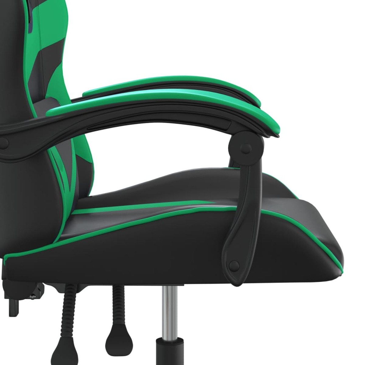 Gaming-Stuhl Seitenansicht. Schwarzer Sockel und Akzente mit grünen Zierleisten und Armlehnen.