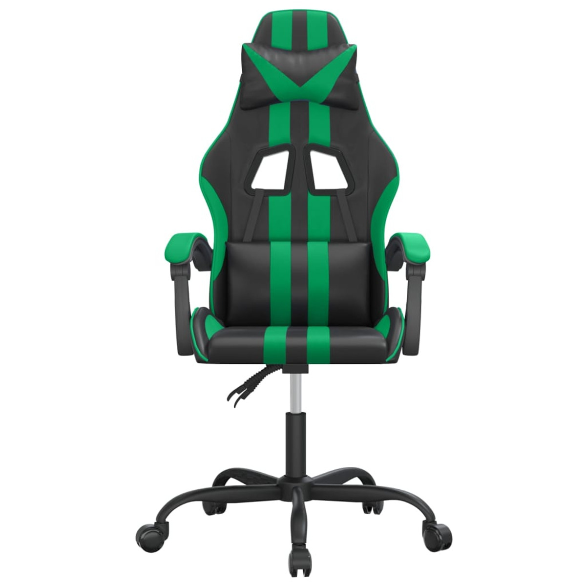 Ein schwarz-grüner Gaming-Stuhl. Es hat grüne Streifen und eine Kopfstütze. Die Basis hat Räder.