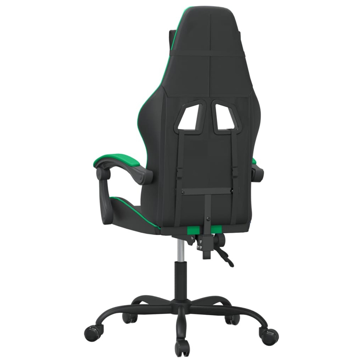 Gaming-Stuhl, schwarz mit grünen Akzenten. Rückansicht. Stuhl auf Rädern, mit grünem Rücken und Armlehnen.