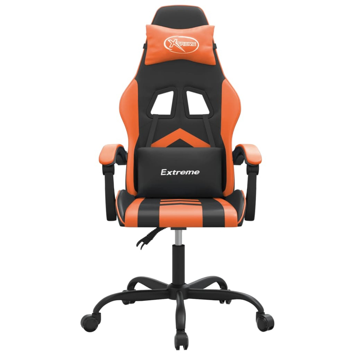 Ein schwarz-oranger Gaming-Stuhl. Er hat eine Kopfstütze mit Extreme-Logo und ein Extreme-Logo auf der Rückseite.