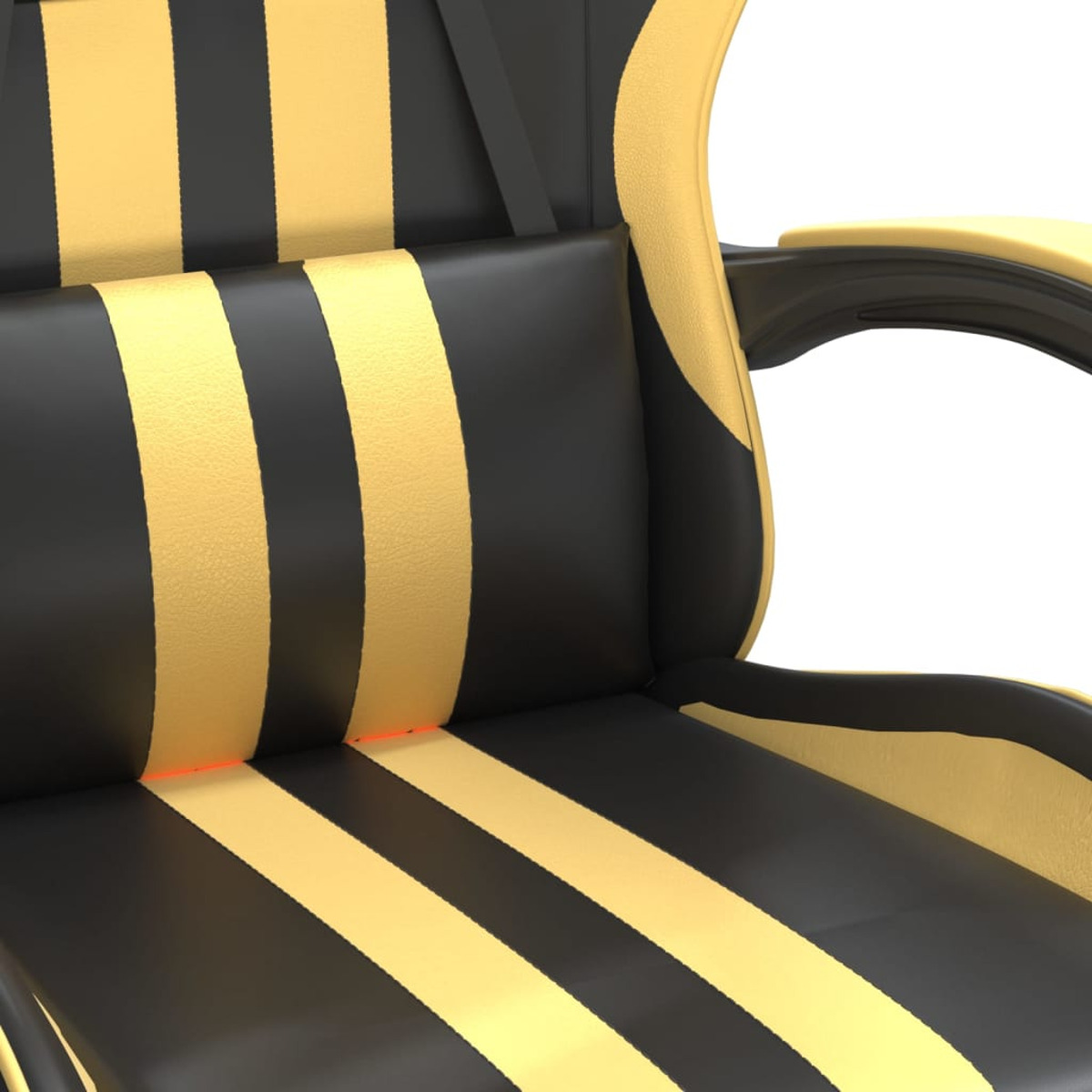 Nahaufnahme eines Gaming-Stuhls mit schwarz-gelben Streifen. Gelbe Armlehnen.