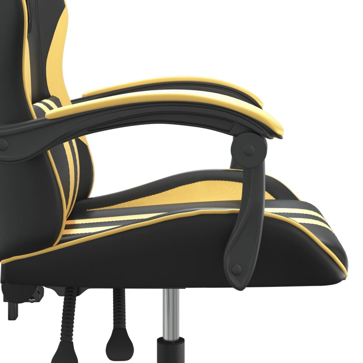 Nahaufnahme eines Gaming-Stuhls mit schwarzen und gelben Akzenten, zeigt die Armlehne und das Sitzdetail.