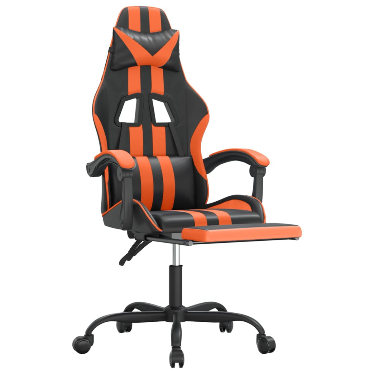 Gaming-Stuhl: Schwarz und Orange mit Kopfstütze und Fußstütze, isoliert auf weißem Hintergrund.