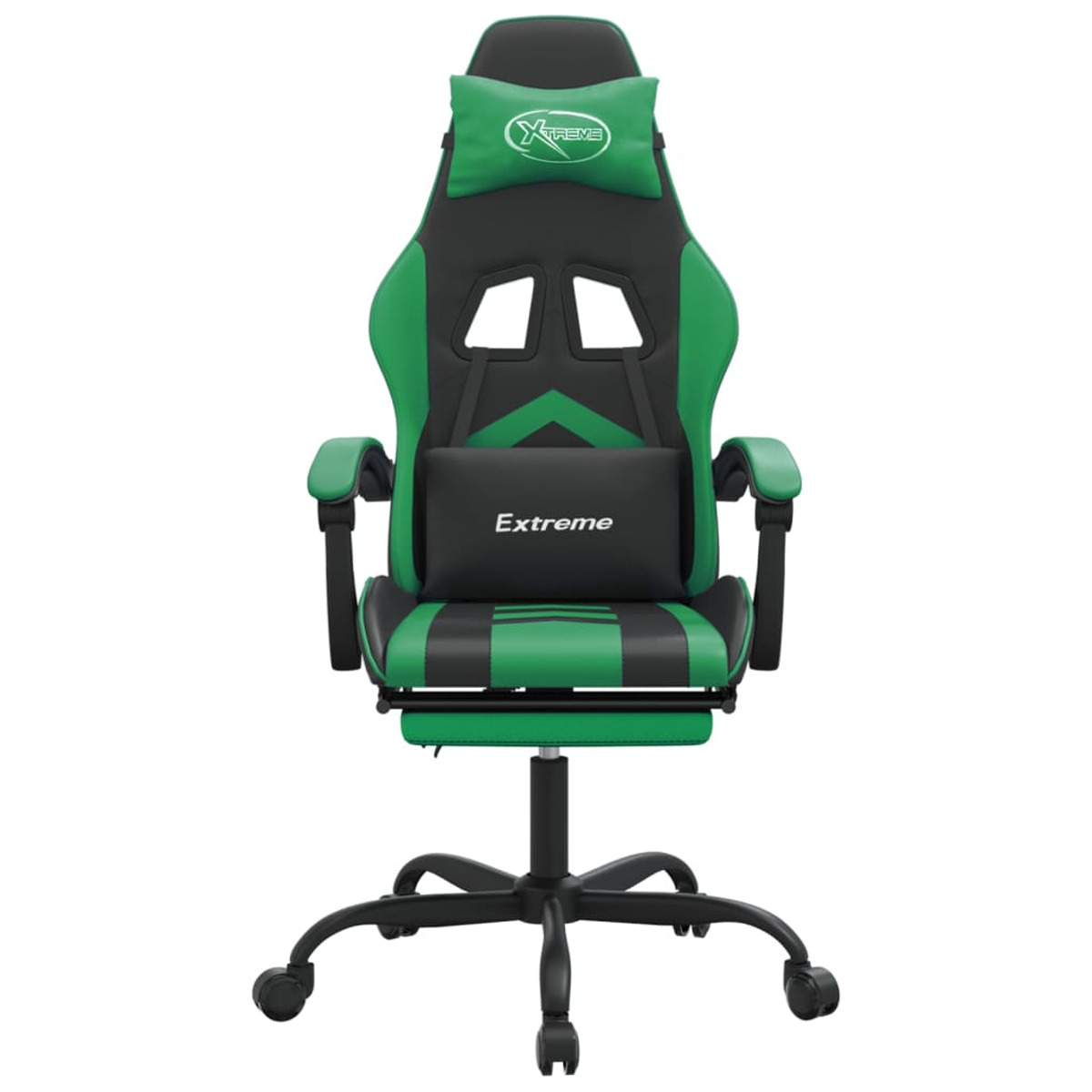 Grüner und schwarzer Gaming-Stuhl mit Kopfstütze und Lendenkissen. Schwarzes Gestell mit Rollen.