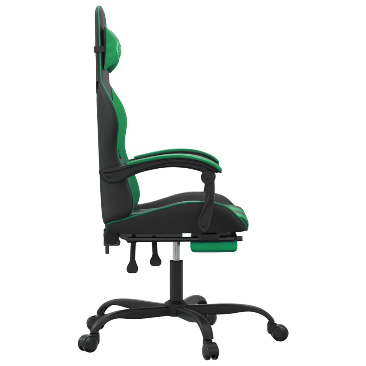 Grüner und schwarzer Gaming-Stuhl, Seitenansicht, mit Rollen auf weißem Hintergrund.