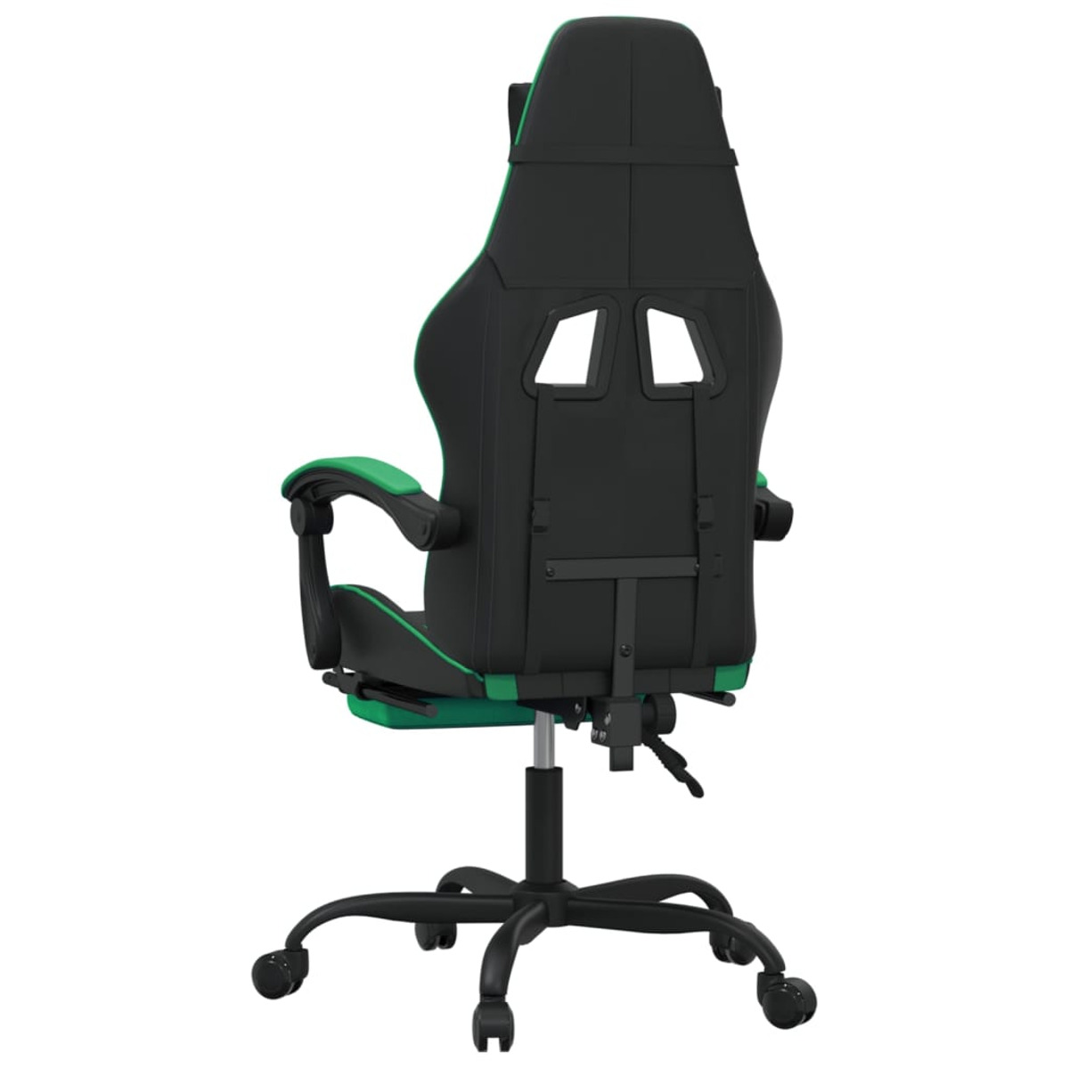 Gaming-Stuhl, Rückansicht. Schwarz mit grünen Akzenten und schwarzem Fuß.