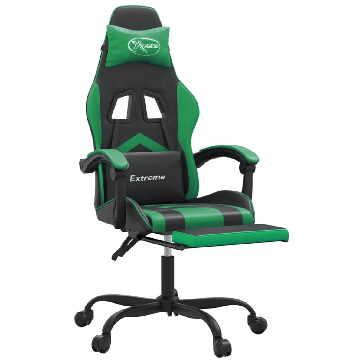 Grüner und schwarzer Gaming-Stuhl. Stuhl hat Kopfstütze, Armlehnen und Fußstütze.