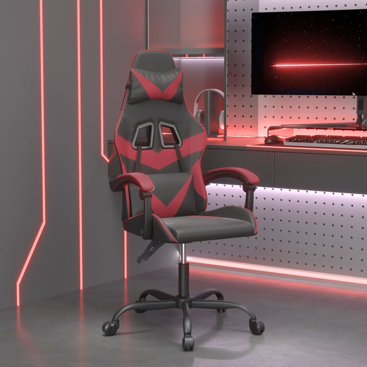 Ein schwarz-roter Gaming-Stuhl in einem modernen Raum mit Neonlicht.