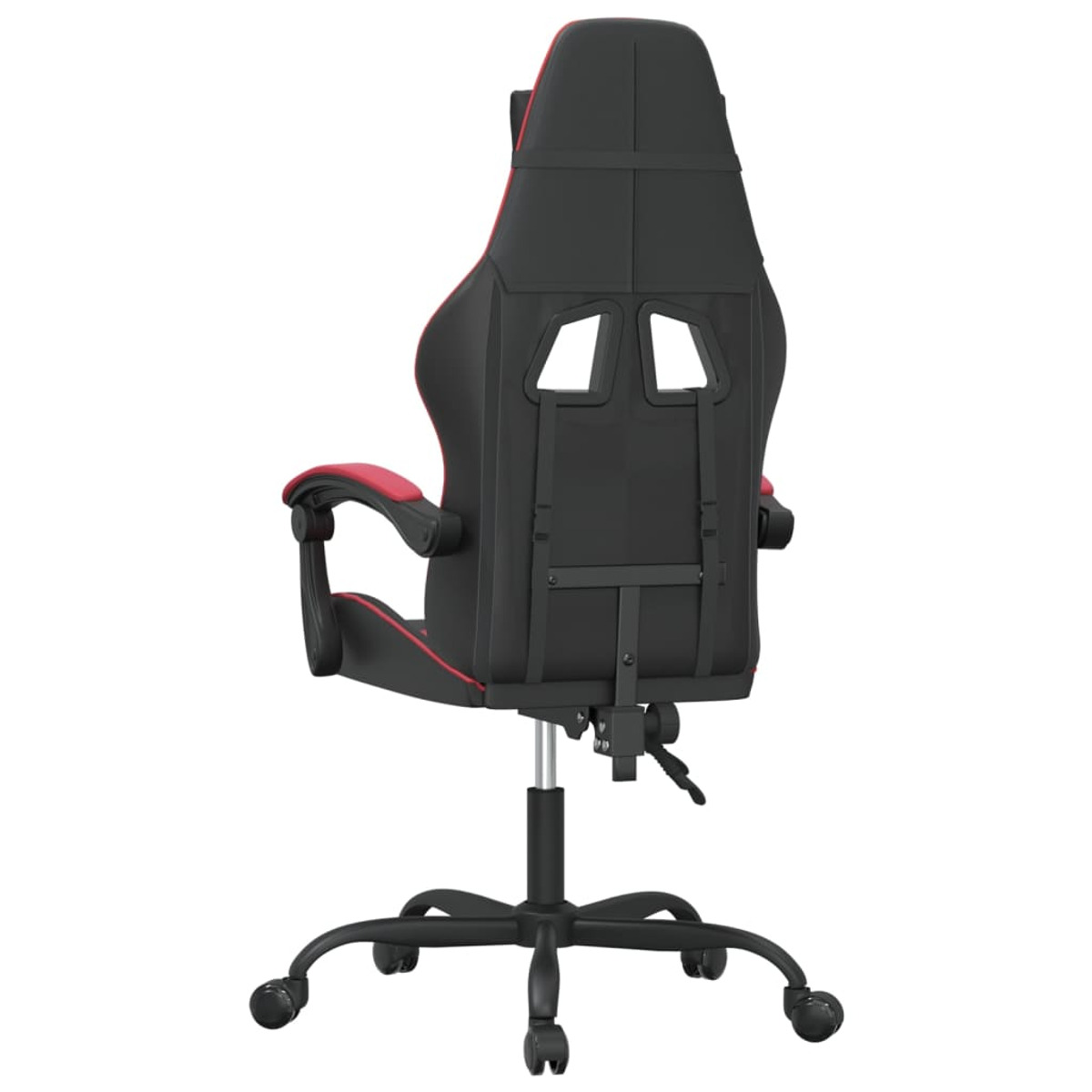 Rückansicht eines schwarz-roten Gaming-Stuhls. Der Stuhl hat eine Kopfstütze und Rollen.