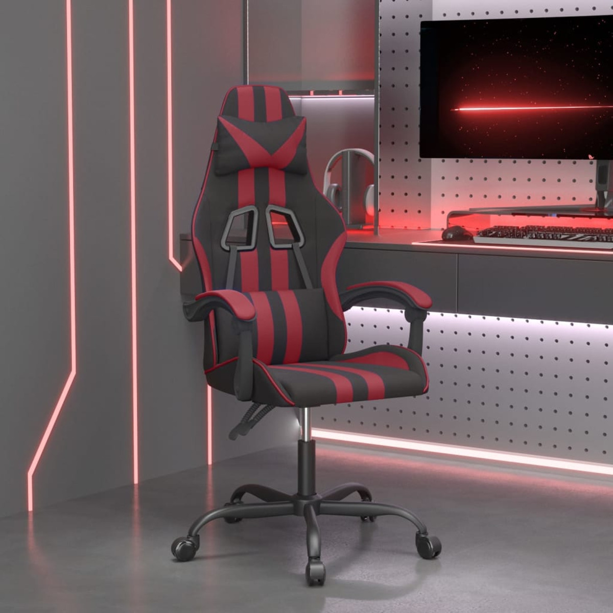 Gaming-Stuhl, Rückansicht. Schwarz und rot mit schwarzem Fuß, in einem Gaming-Raum.