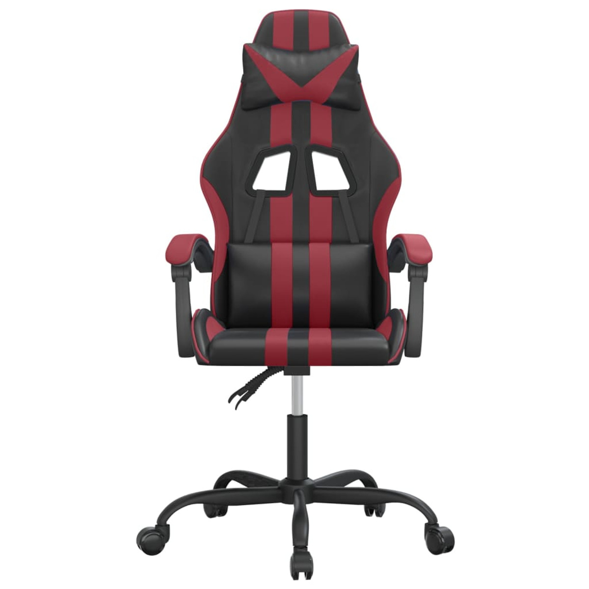 Schwarz-roter Gaming-Stuhl. Der Stuhl hat eine hohe Rückenlehne und Armlehnen, schwarzes Gestell mit Rädern.