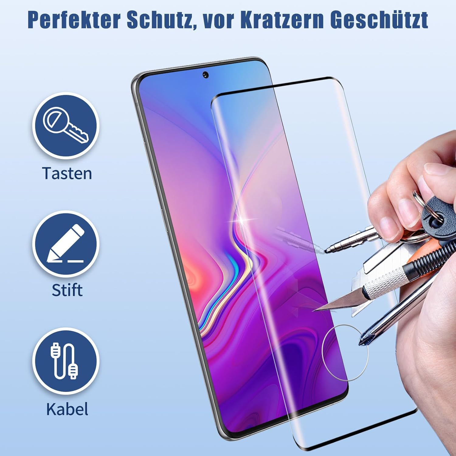 Telefon mit Displayschutz, getestet mit Schlüssel und Stift, blauer Hintergrund, deutscher Text.