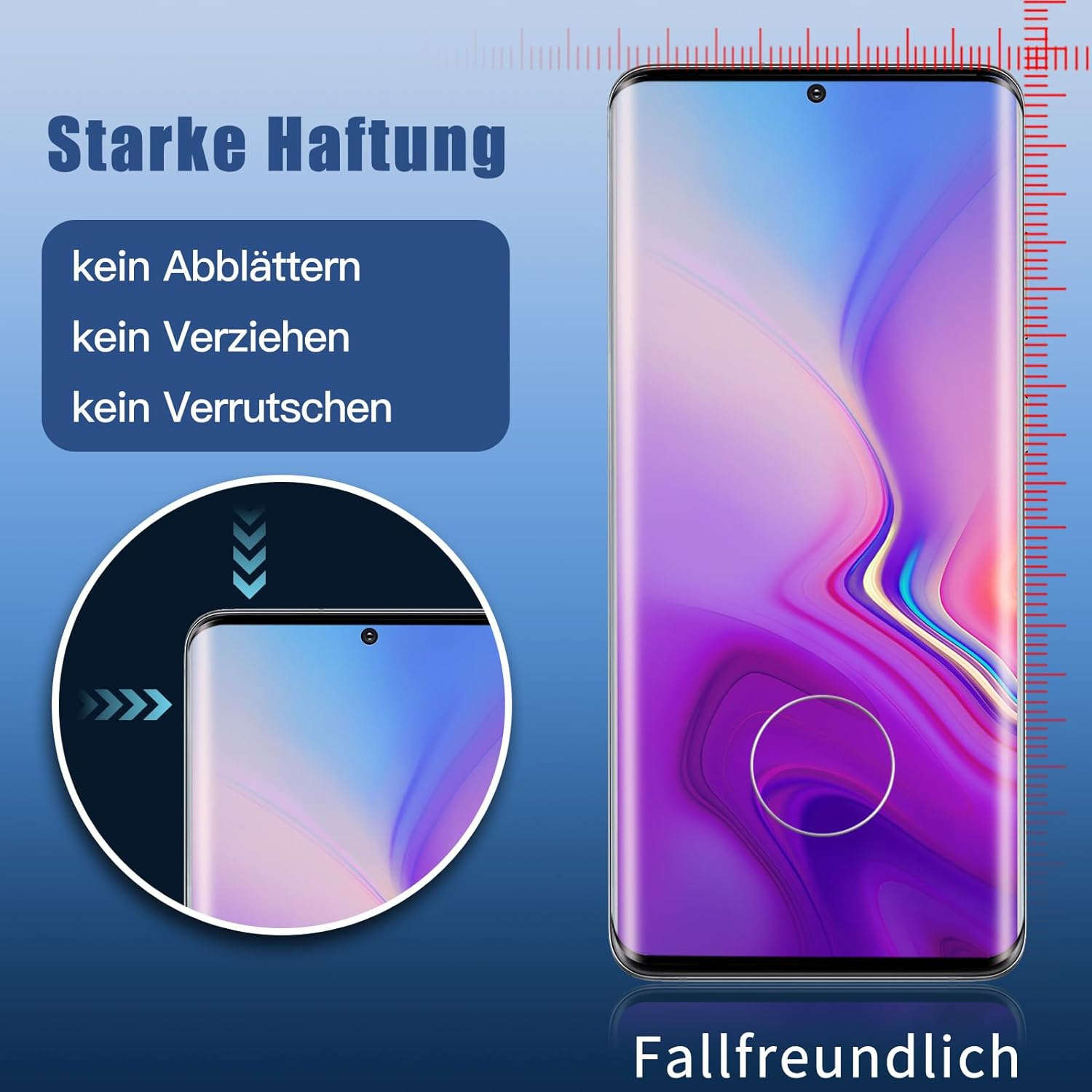 Ein Telefon mit angebrachtem Bildschirmschutz, zeigt die Seite und eine Nahaufnahme der Ecke.