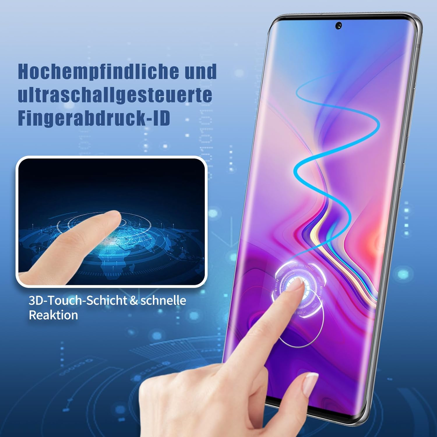 Eine Hand berührt einen Smartphone-Bildschirm. Text über Fingerabdruck-ID und 3D-Touch wird gezeigt.