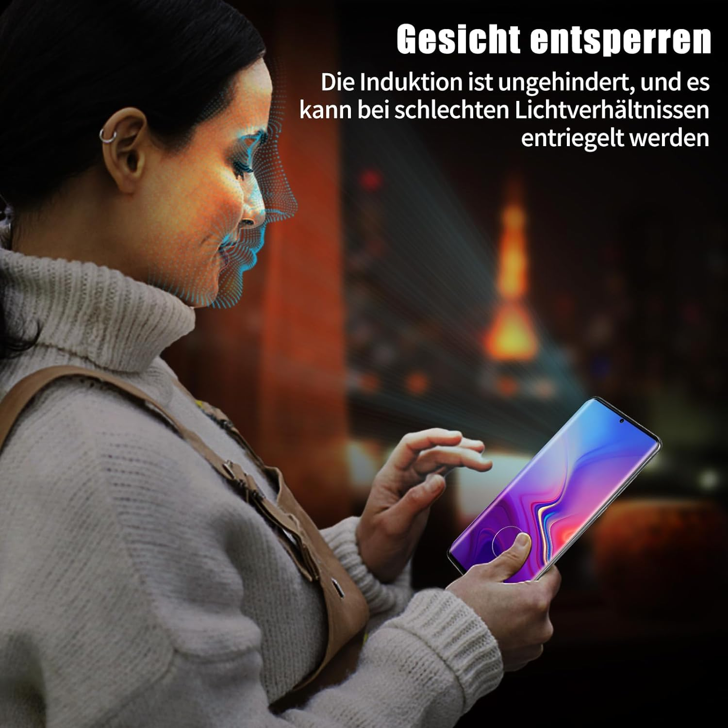 Frau schaut auf ein Telefon. Das Telefon zeigt einen Gesichtsscan. Text oben links.