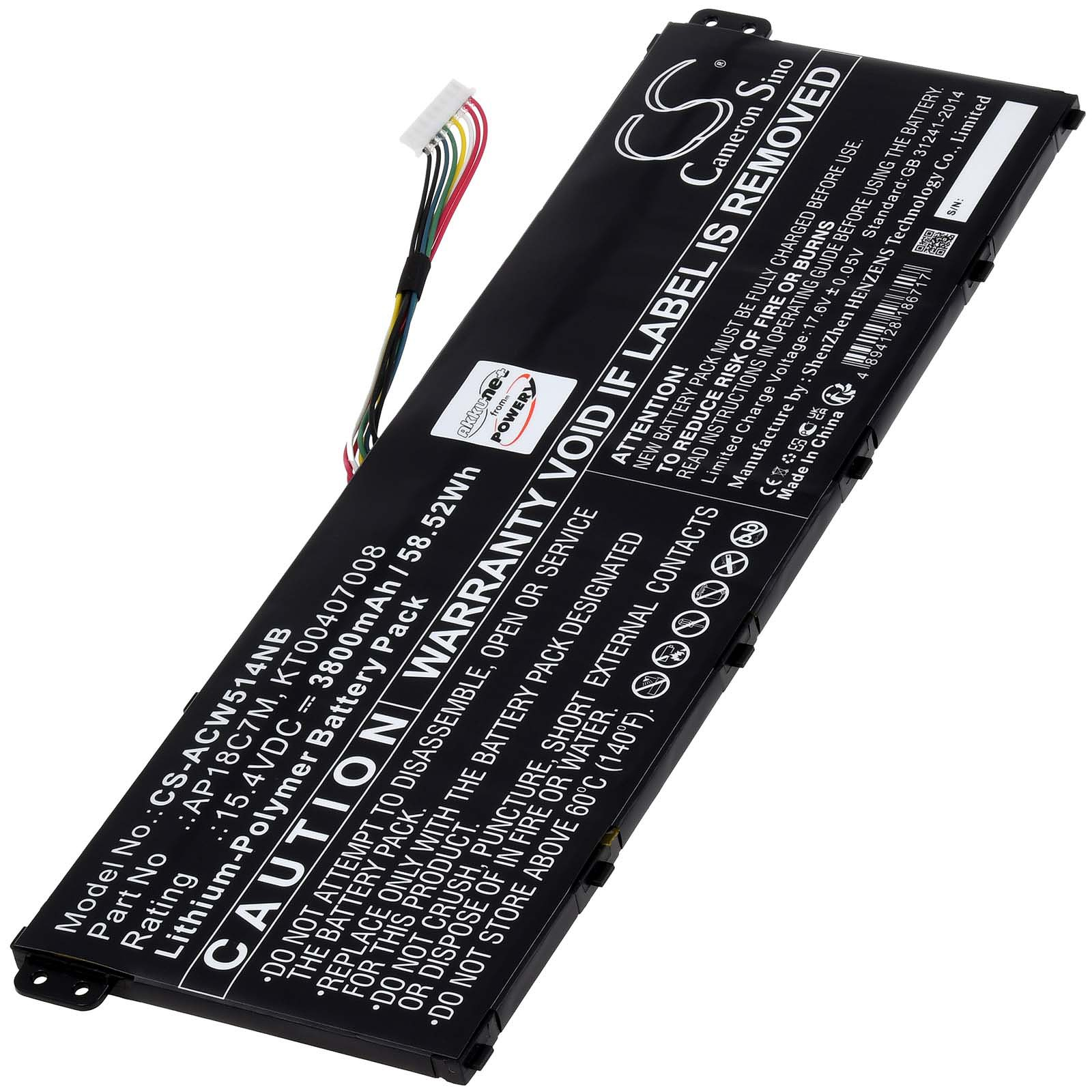 Eine schwarze Batterie mit Warnhinweisen und mehrfarbigen Drähten.