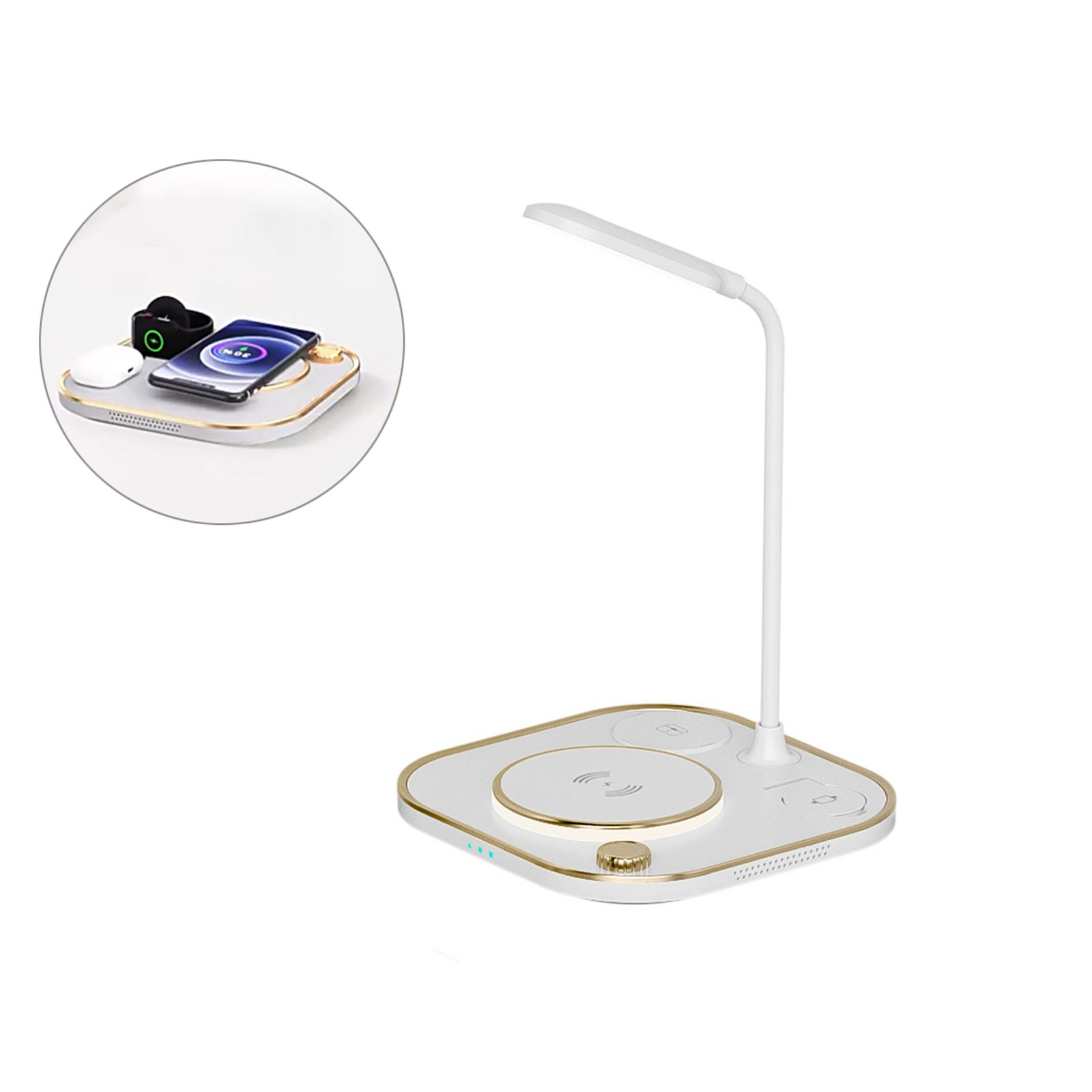 Weiße Schreibtischlampe mit kabelloser Ladestation und Telefon.